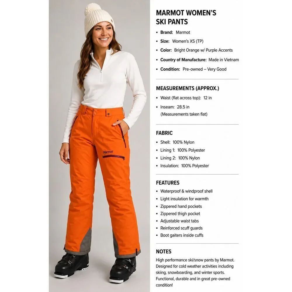 Marmot Womens XS Orange Waterproof Insulated Ski Snow Pants